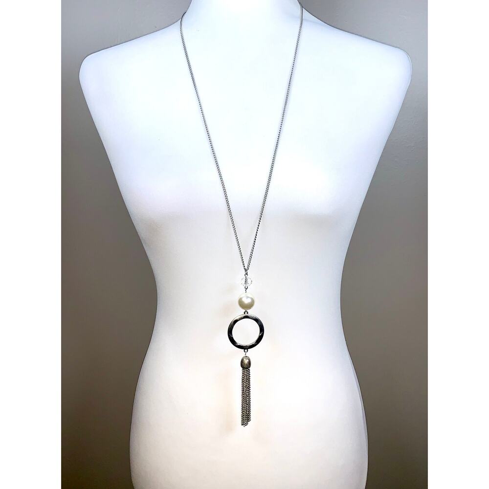 Silver Tone Faux Pearl Glass Bead Textured Hoop Tassel Long Necklace